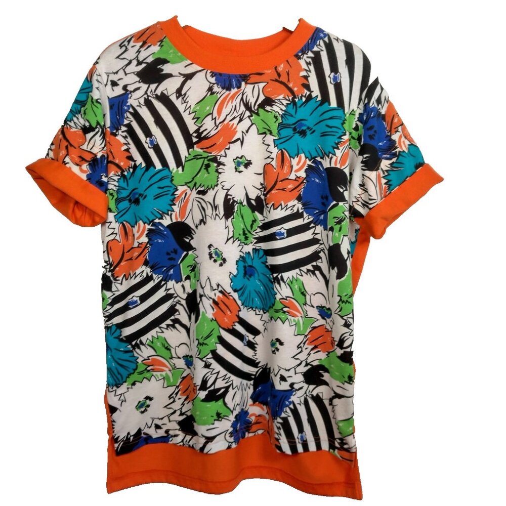 Vintage 1980s Traffic Jam Shirt Women Small Retro Floral Orange Blue Beach Surf